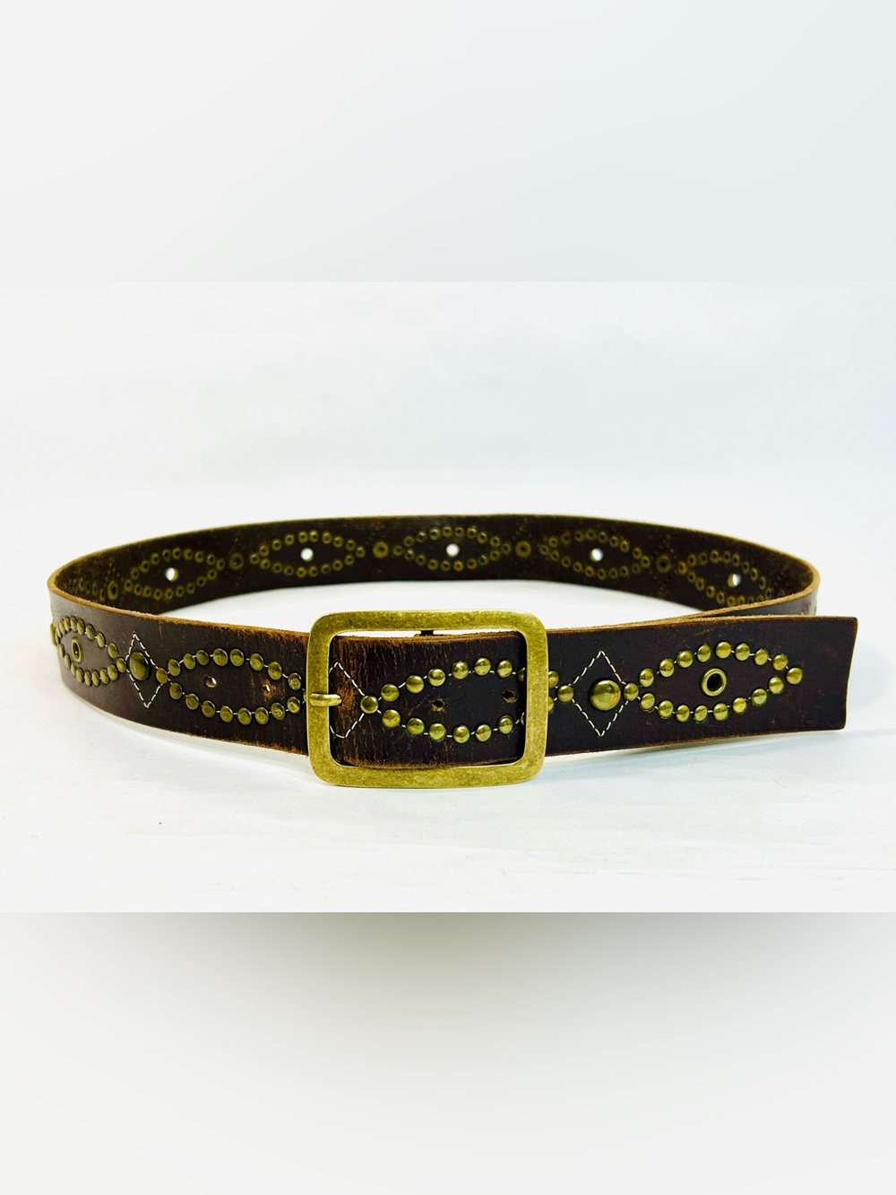 Western Brass Studded Belt, Brown Faux Leather with Studded Design